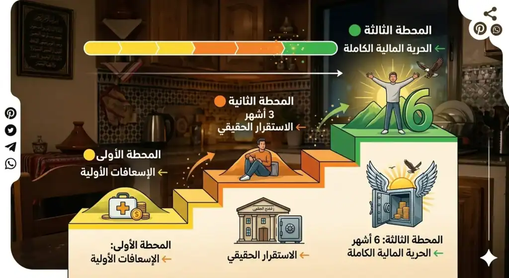 إنفوجرافيك يوضح المراحل الثلاث لبناء صندوق الطوارئ من شهر واحد حتى ستة أشهر