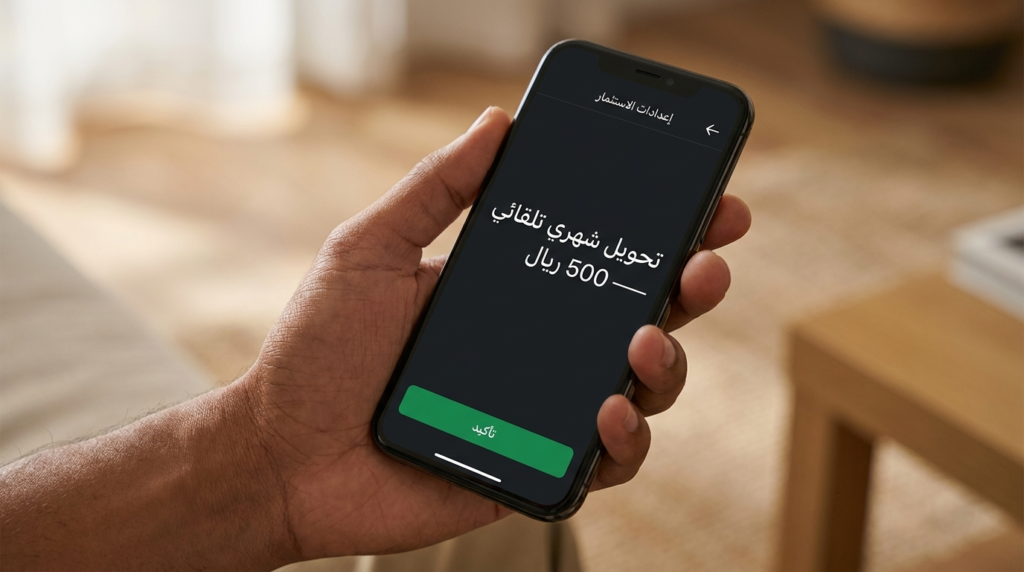 شاشة تطبيق استثماري عربي تُظهر خاصية التحويل الشهري التلقائي للمبتدئين