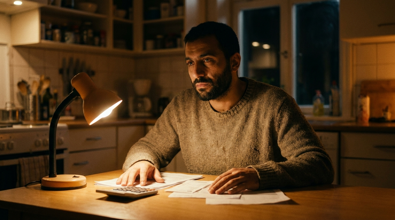 رجل عربي يجلس وحده ليلاً أمام أوراق مالية وآلة حاسبة في تفكير عميق حول كيف تخرج من الديون نهائياً