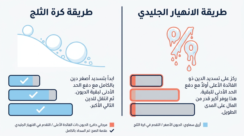مقارنة بين طريقة كرة الثلج وطريقة الانهيار الجليدي لسداد الديون وأيهما أنسب لشخصيتك المالية