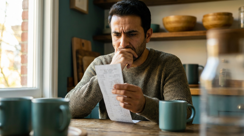 رجل عربي يتفحص فاتورة السوبرماركت بقلق بسبب ارتفاع الأسعار الناتج عن التضخم