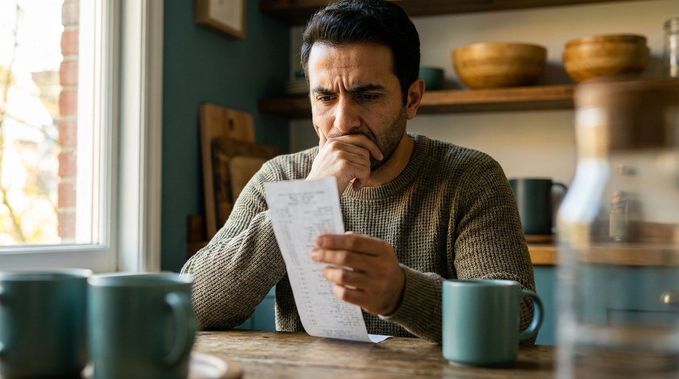 رجل عربي يتفحص فاتورة السوبرماركت بقلق بسبب ارتفاع الأسعار الناتج عن التضخم