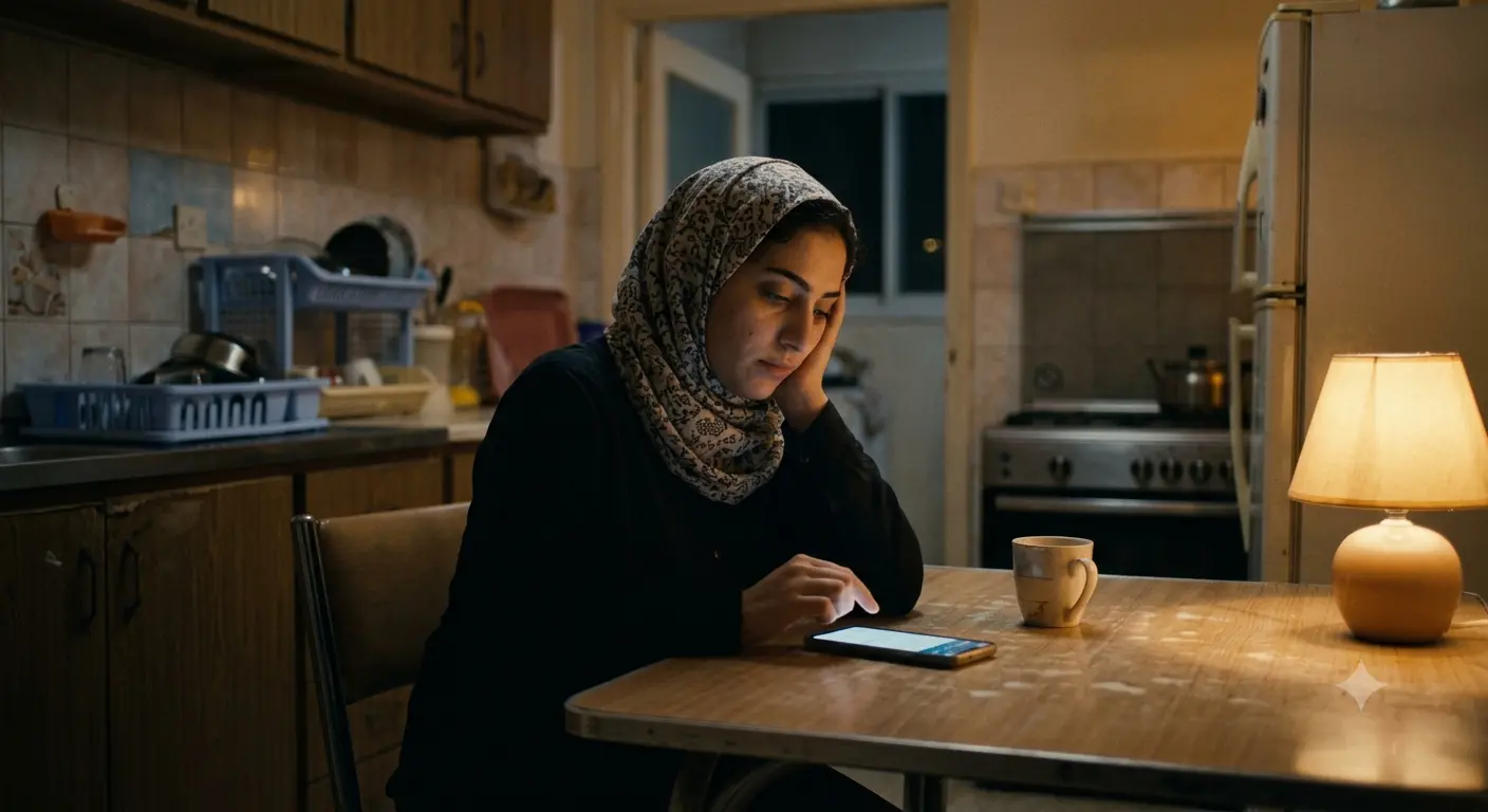 امرأة تتأمل تطبيق البنك في منتصف الليل قبل أن يتعلم كيف تزيد دخلك