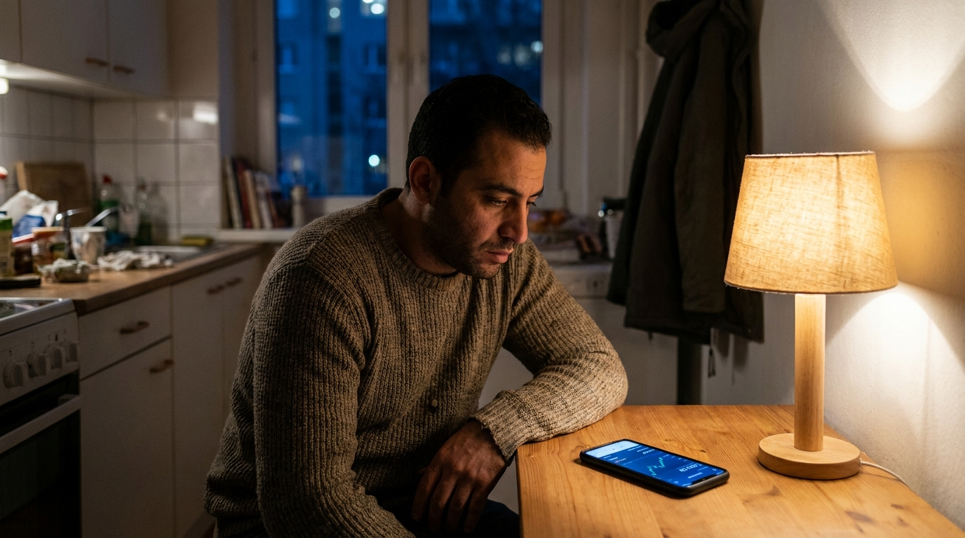 رجل يتأمل تطبيق البنك في منتصف الليل قبل أن يتعلم كيف تزيد دخلك