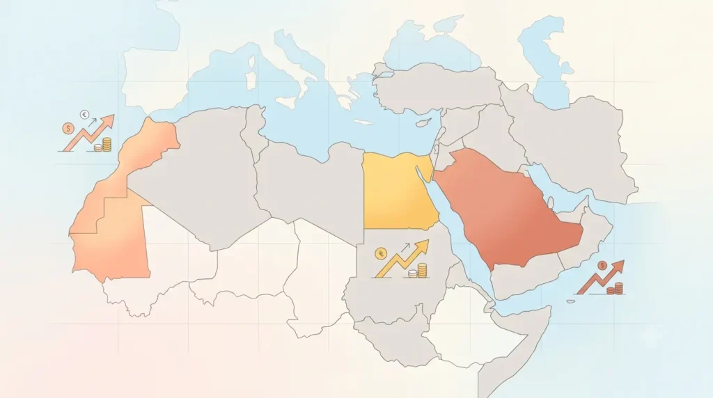 خريطة توضيحية تقارن معدلات التضخم بين مصر والسعودية والمغرب