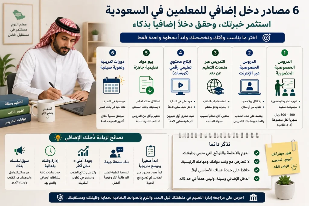 ستة مصادر دخل إضافي للمعلمين في السعودية تشمل الدروس الخصوصية والتدريس عبر المنصات والمحتوى الرقمي وبيع المواد التعليمية والدورات الصيفية