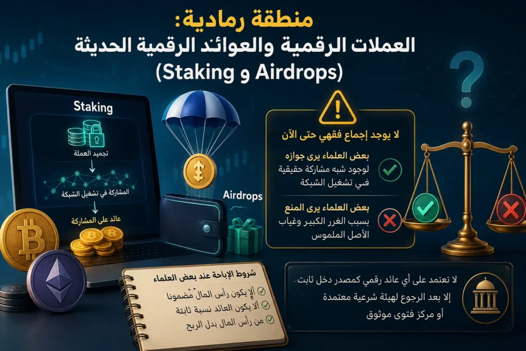 منطقة رمادية حول العملات الرقمية والعوائد الحديثة مثل Staking وAirdrops، مع ميزان يوضح اختلاف الآراء الشرعية، ومحفظة وعملات رقمية وتحذير من اعتماد العوائد الرقمية كمصدر دخل ثابت.