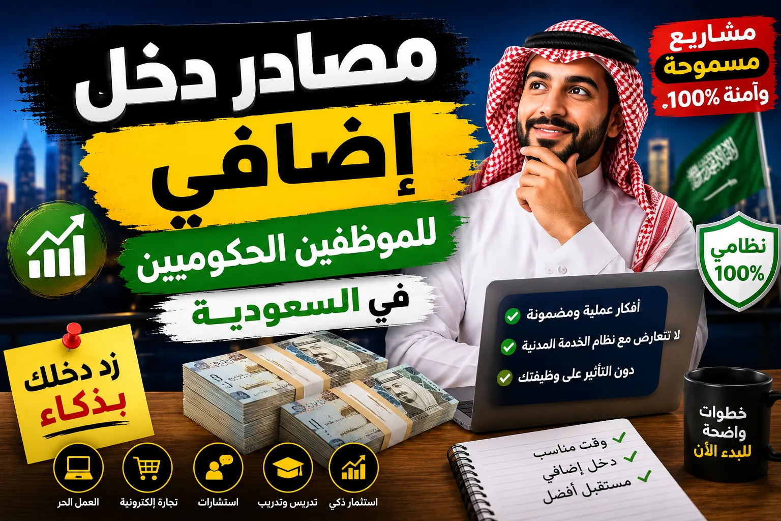 مصادر دخل إضافي للموظفين الحكوميين في السعودية مع أفكار للعمل الحر والتجارة الإلكترونية والاستشارات والتدريس والاستثمار بشكل نظامي