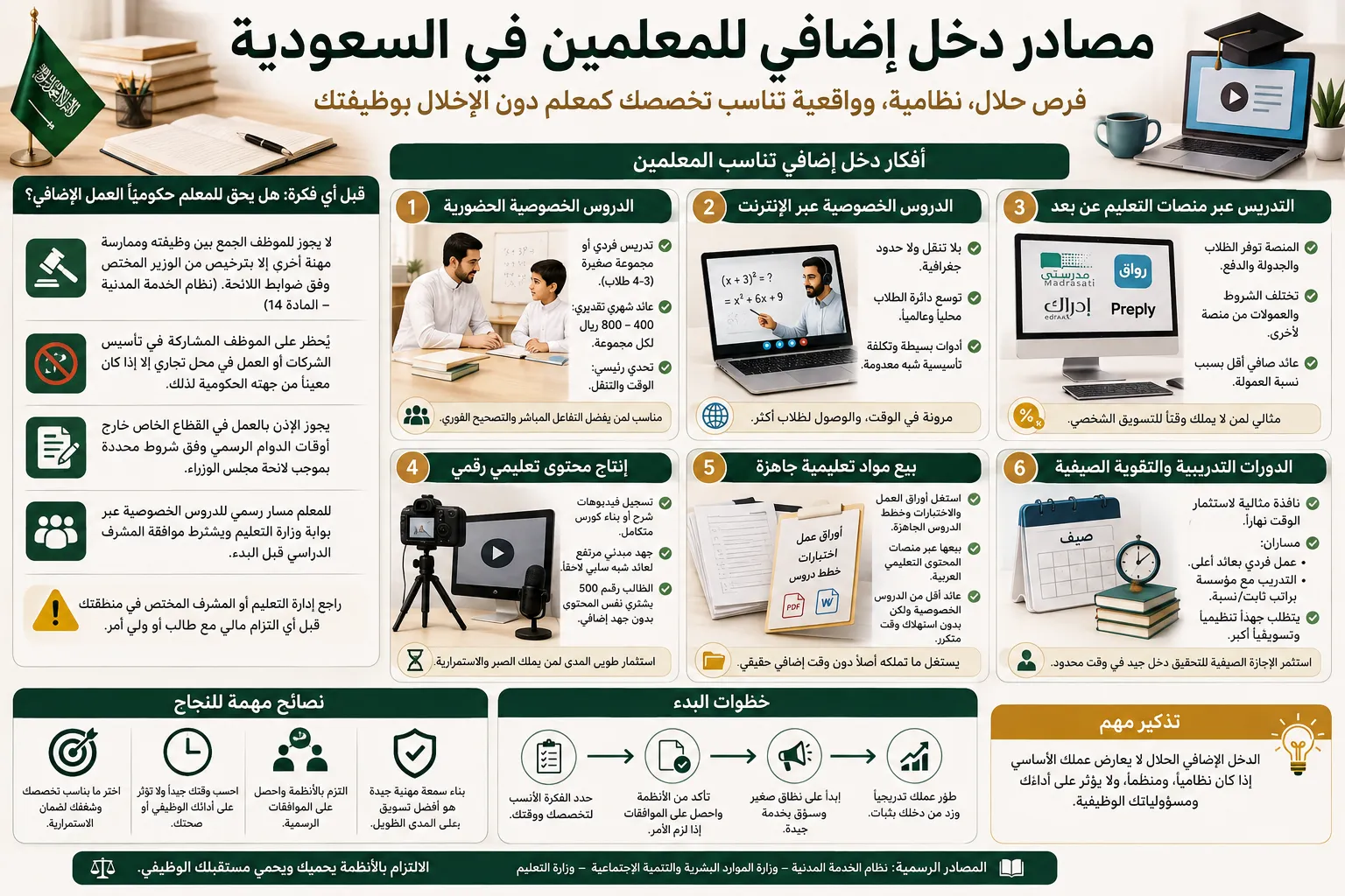 إنفوجرافيك يوضح مصادر دخل إضافي للمعلمين في السعودية، تشمل الدروس الخصوصية الحضورية وعبر الإنترنت، التدريس عبر منصات التعليم عن بعد، إنتاج المحتوى التعليمي الرقمي، بيع المواد التعليمية الجاهزة، والدورات التدريبية والتقوية الصيفية، مع توضيح أهم الضوابط النظامية.