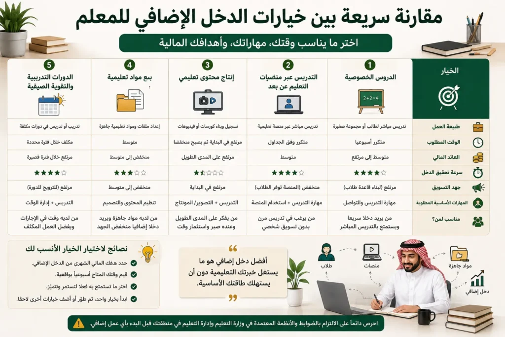 مقارنة بين خيارات الدخل الإضافي للمعلمين في السعودية من الدروس الخصوصية إلى المحتوى التعليمي والدورات الصيفية