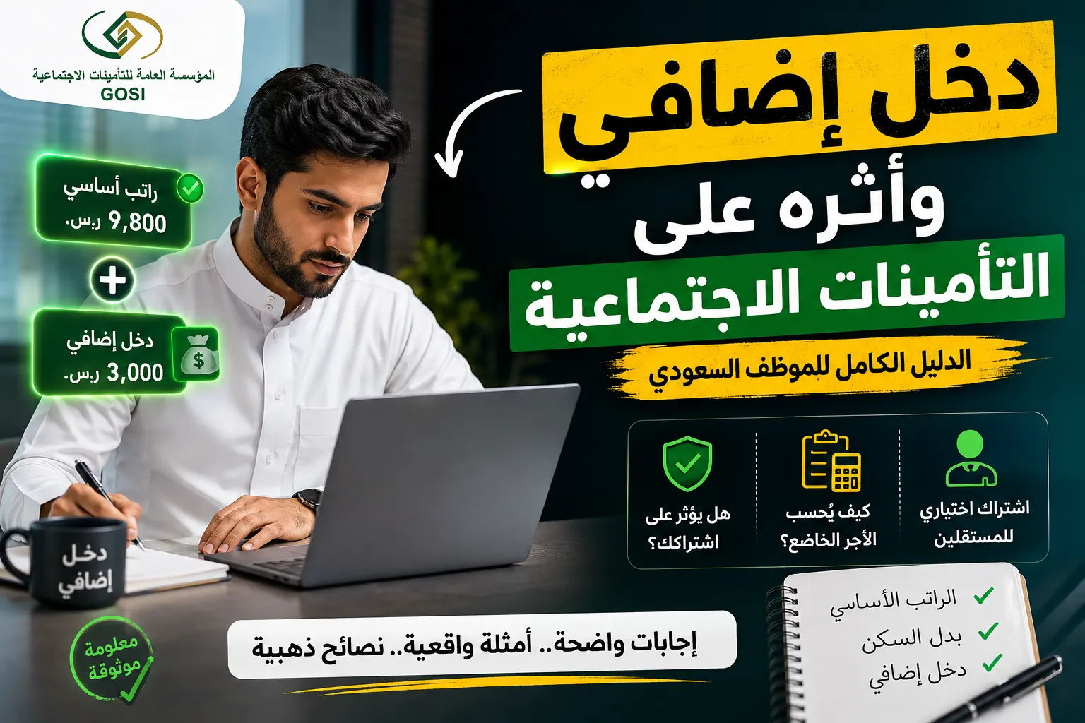 دخل إضافي وأثره على التأمينات الاجتماعية للموظف السعودي – شرح الأجر الخاضع للاشتراك في GOSI والدخل الجانبي