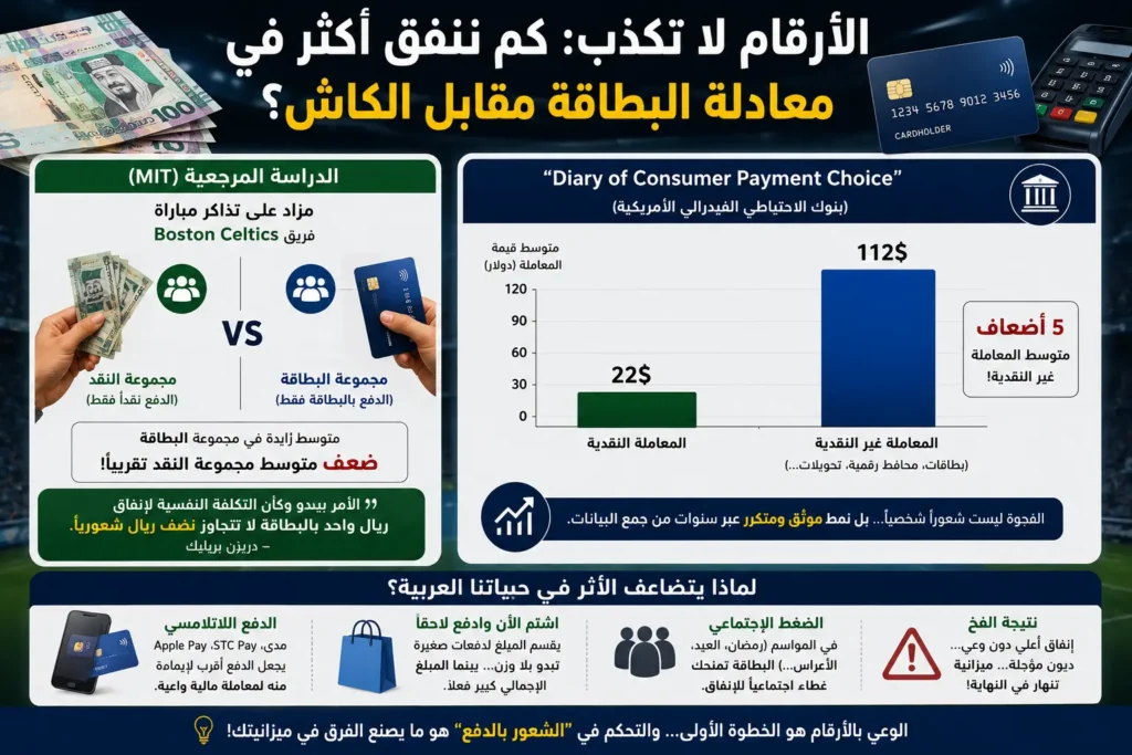 إنفوجرافيك يوضح بالأرقام الفرق في متوسط الإنفاق بين المعاملات النقدية وغير النقدية وتأثير الدفع بالبطاقة على زيادة الإنفاق
