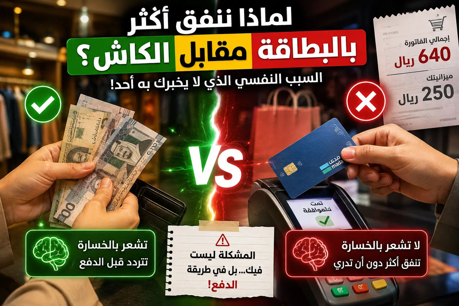 صورة توضيحية تقارن بين الدفع نقدًا والبطاقة وتوضح كيف يجعل الدفع بالبطاقة الإنفاق أكثر سهولة وأقل إحساسًا بالخسارة