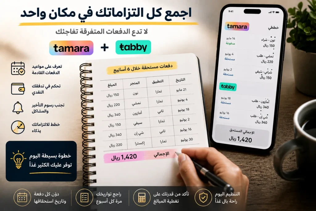 جمع كل التزاماتك من تمارا وتابي في مكان واحد لتجنب المفاجآت وإدارة دفعاتك بذكاء