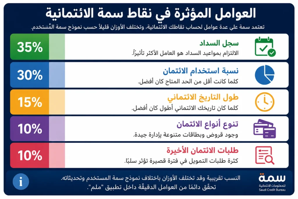 العوامل المؤثرة في نقاط سمة الائتمانية ونسب تأثير سجل السداد واستخدام الائتمان وتاريخ الائتمان