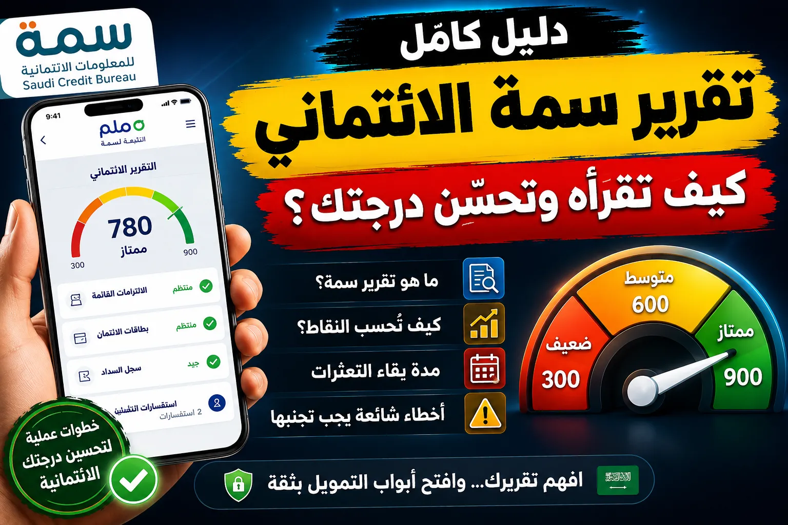 تقرير سمة الائتماني: دليل كامل لقراءة التقرير وتحسين الدرجة الائتمانية ومعرفة مدة بقاء التعثرات.