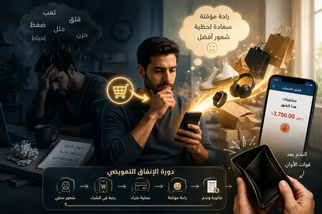 دورة الإنفاق العاطفي التي تبدأ بالمشاعر السلبية وتنتهي بالشراء والراحة المؤقتة ثم الندم والخسارة المالية