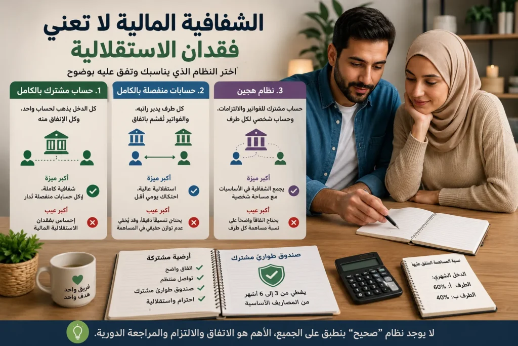 مقارنة بين الحساب المشترك والحسابات المنفصلة والنظام الهجين لإدارة المال بين الشريكين