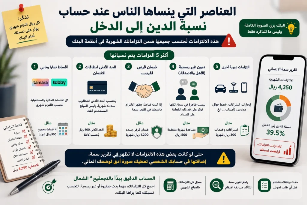 العناصر التي ينساها الناس عند حساب نسبة الدين إلى الدخل مثل تمارا وتابي والبطاقات والضمانات