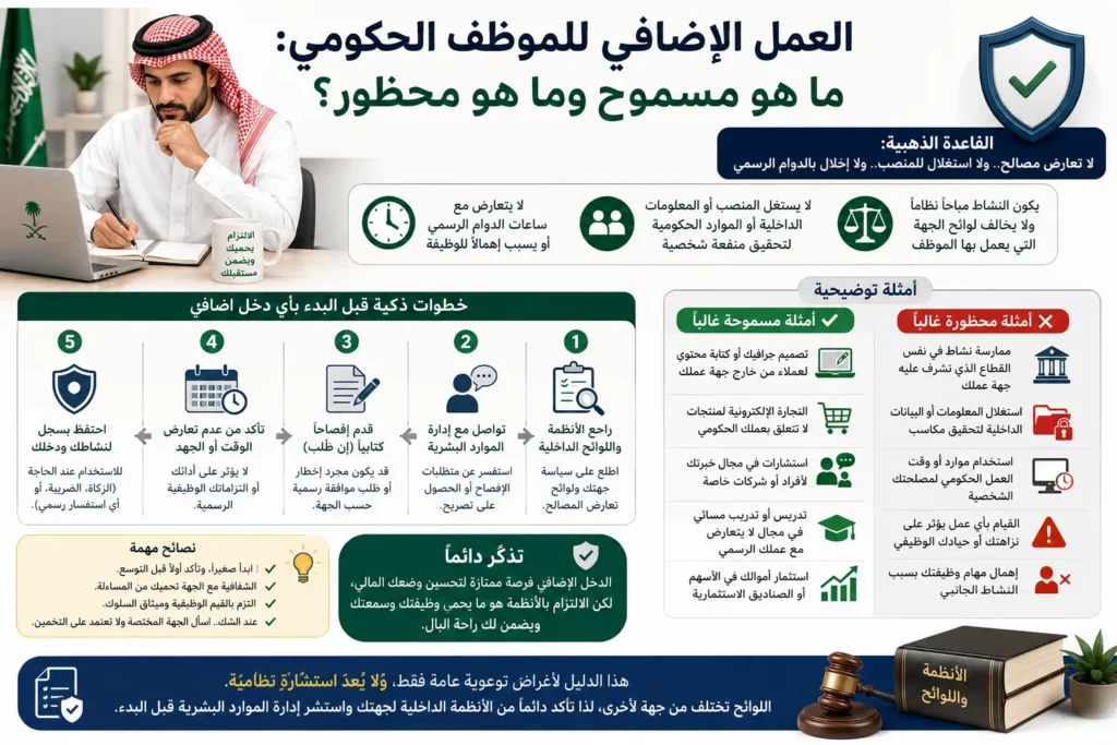 العمل الإضافي للموظف الحكومي في السعودية بين الأنشطة المسموحة والممنوعة وتعارض المصالح