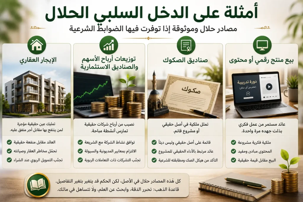 إنفوجرافيك يوضح أمثلة على الدخل السلبي الحلال في الإسلام، تشمل الإيجار العقاري، توزيعات أرباح الأسهم والصناديق المتوافقة شرعًا، صناديق الصكوك، وبيع المنتجات الرقمية والمحتوى.