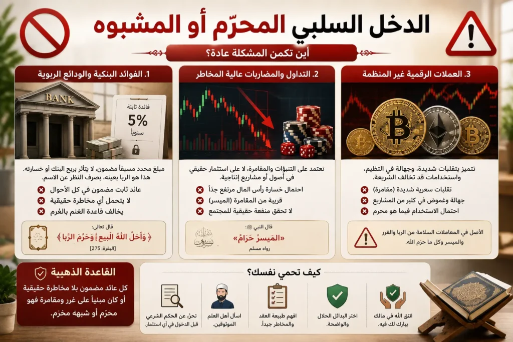إنفوجرافيك يوضح مصادر الدخل السلبي المحرمة أو المشبوهة في الإسلام، مثل الفوائد البنكية والودائع الربوية، التداول والمضاربات عالية المخاطر، وبعض العملات الرقمية غير المنظمة، مع تحذير من العوائد المضمونة والغرر.