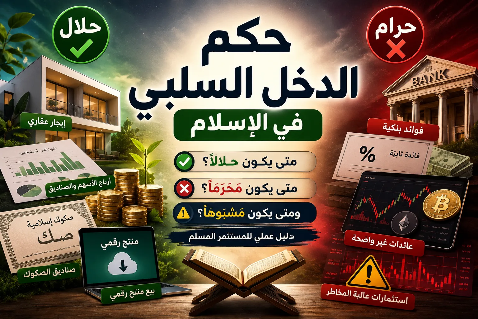 حكم الدخل السلبي في الإسلام: أمثلة على مصادر الدخل الحلال مثل الإيجار والأسهم والصكوك والمنتجات الرقمية، ومصادر محرمة أو مشبوهة مثل الفوائد البنكية والتداول عالي المخاطر.