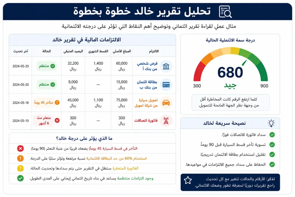 مثال عملي لتحليل تقرير خالد الائتماني مع درجة 680 والالتزامات وحالات السداد والتعثر