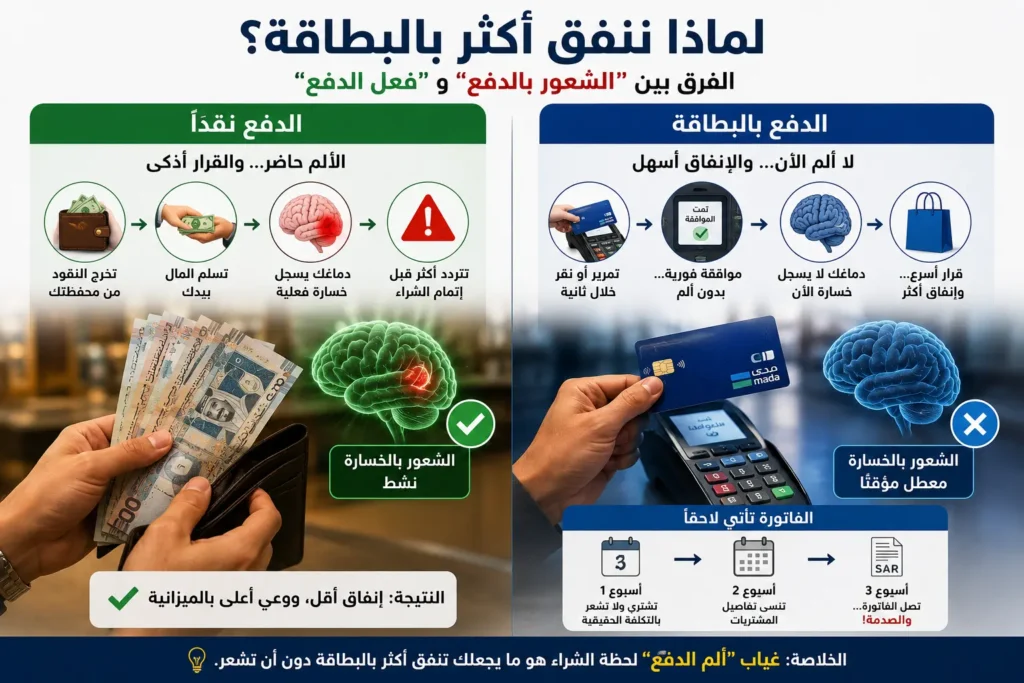 مقارنة توضح الفرق النفسي بين الدفع نقداً والدفع بالبطاقة وكيف يجعل الدفع بالبطاقة الإنفاق أسهل ويضعف الشعور بالخسارة