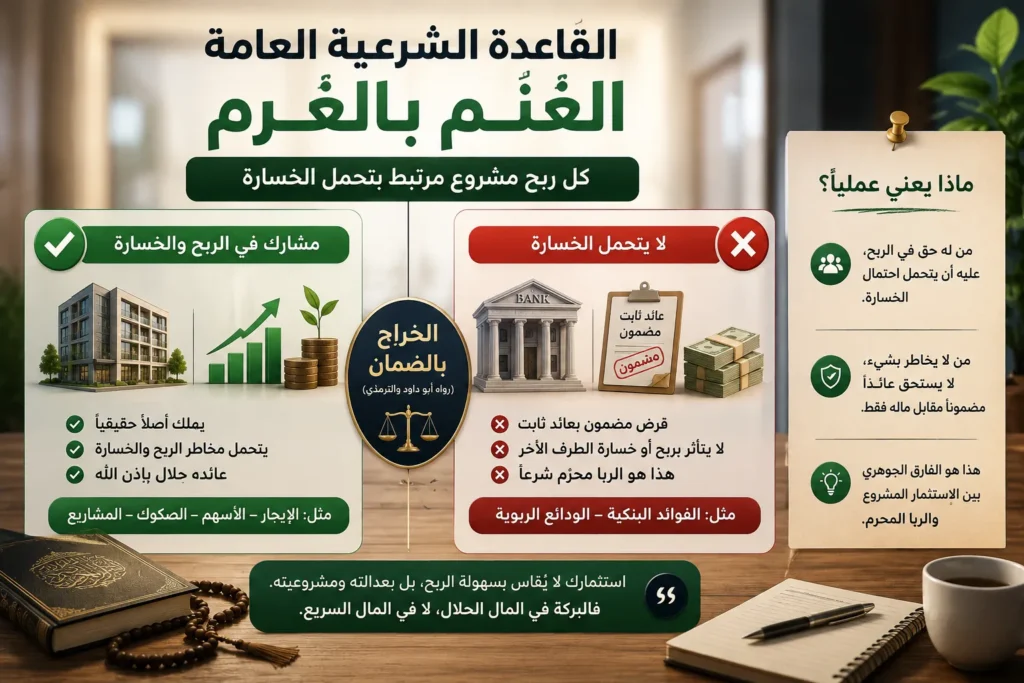 مقارنة توضح مبدأ الغنم بالغرم في التمويل الإسلامي، حيث يرتبط الربح الحلال بملكية حقيقية وتحمل احتمال الخسارة، مقابل الفوائد البنكية التي تقدم عائدًا ثابتًا مضمونًا.