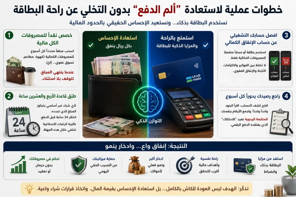 إنفوجرافيك يوضح أربع خطوات لاستعادة ألم الدفع مع الحفاظ على راحة البطاقة، تشمل تخصيص نقد للكماليات وقاعدة 24 ساعة وفصل الحساب ومراجعة الرصيد أسبوعياً