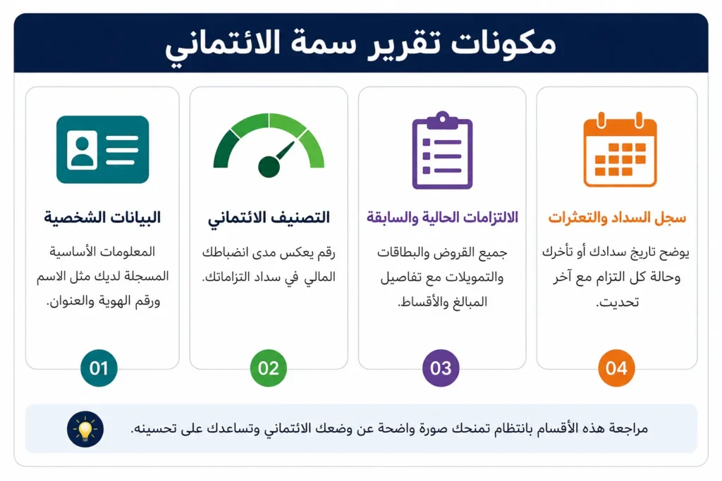 مكونات تقرير سمة الائتماني: البيانات الشخصية والتصنيف الائتماني والالتزامات وسجل السداد والتعثرات