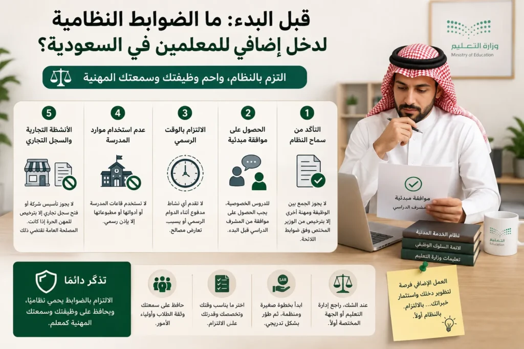 قائمة تحقق للضوابط النظامية قبل بدء المعلم الحكومي دخلًا إضافيًا في السعودية