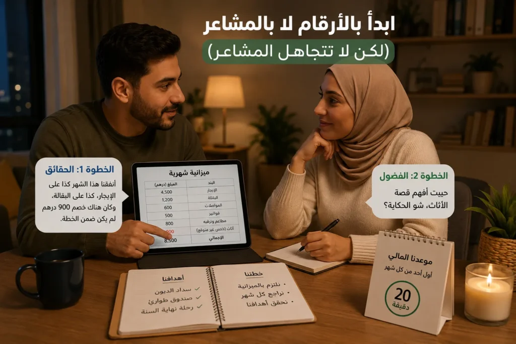 زوجان يناقشان ميزانيتهما الشهرية ويفصلان بين الحقائق المالية والمشاعر