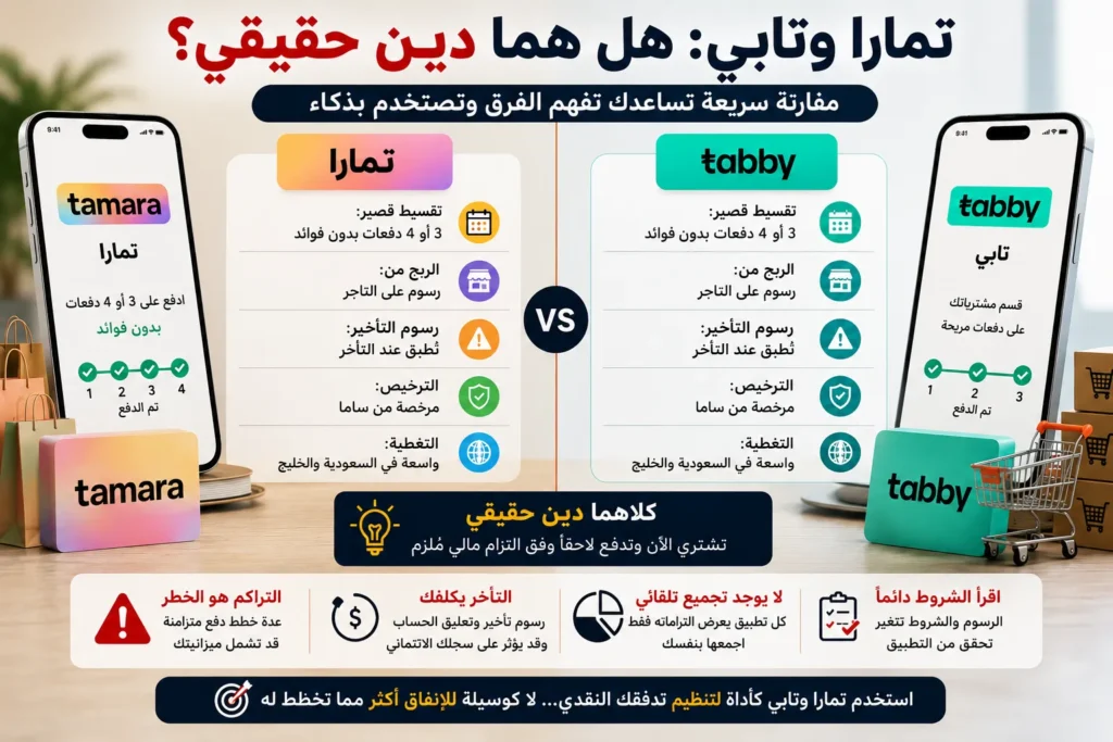 هل تمارا وتابي ديون ؟ مقارنة بين تمارا وتابي من حيث التقسيط ورسوم التأخير والترخيص والسجل الائتماني