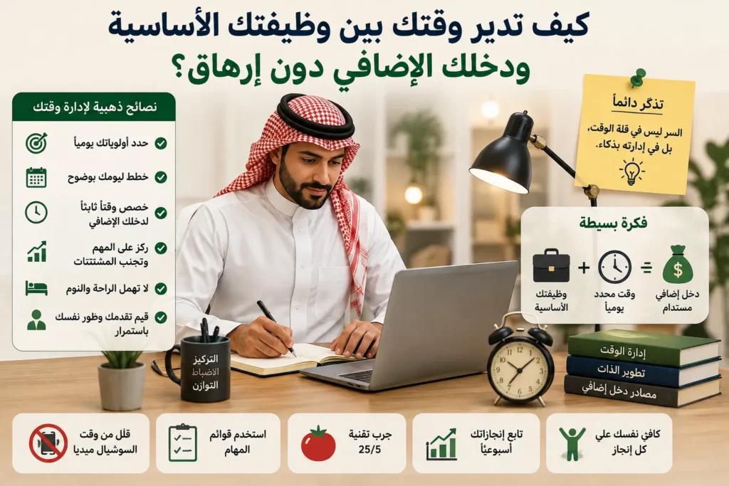 إدارة الوقت بين الوظيفة الأساسية والدخل الإضافي للموظف الحكومي في السعودية دون إرهاق