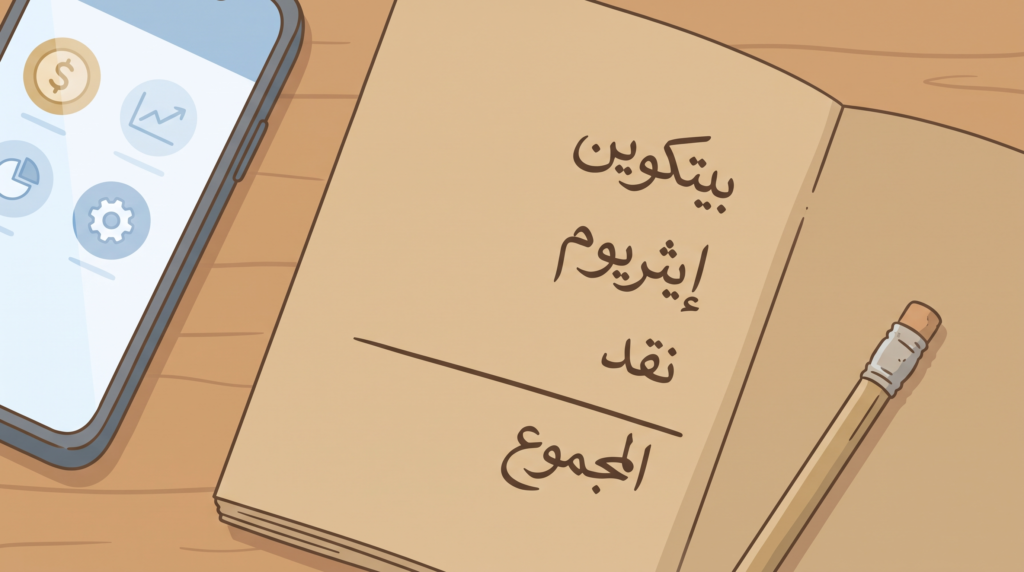 دفتر ملاحظات وهاتف لتسجيل قيمة العملات الرقمية عند حساب الزكاة