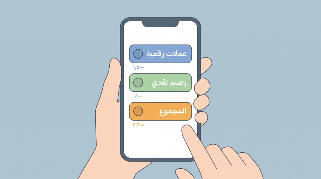 توضيح لتوزيع أصول محفظة رقمية بين بيتكوين وإيثريوم ونقد لحساب الزكاة