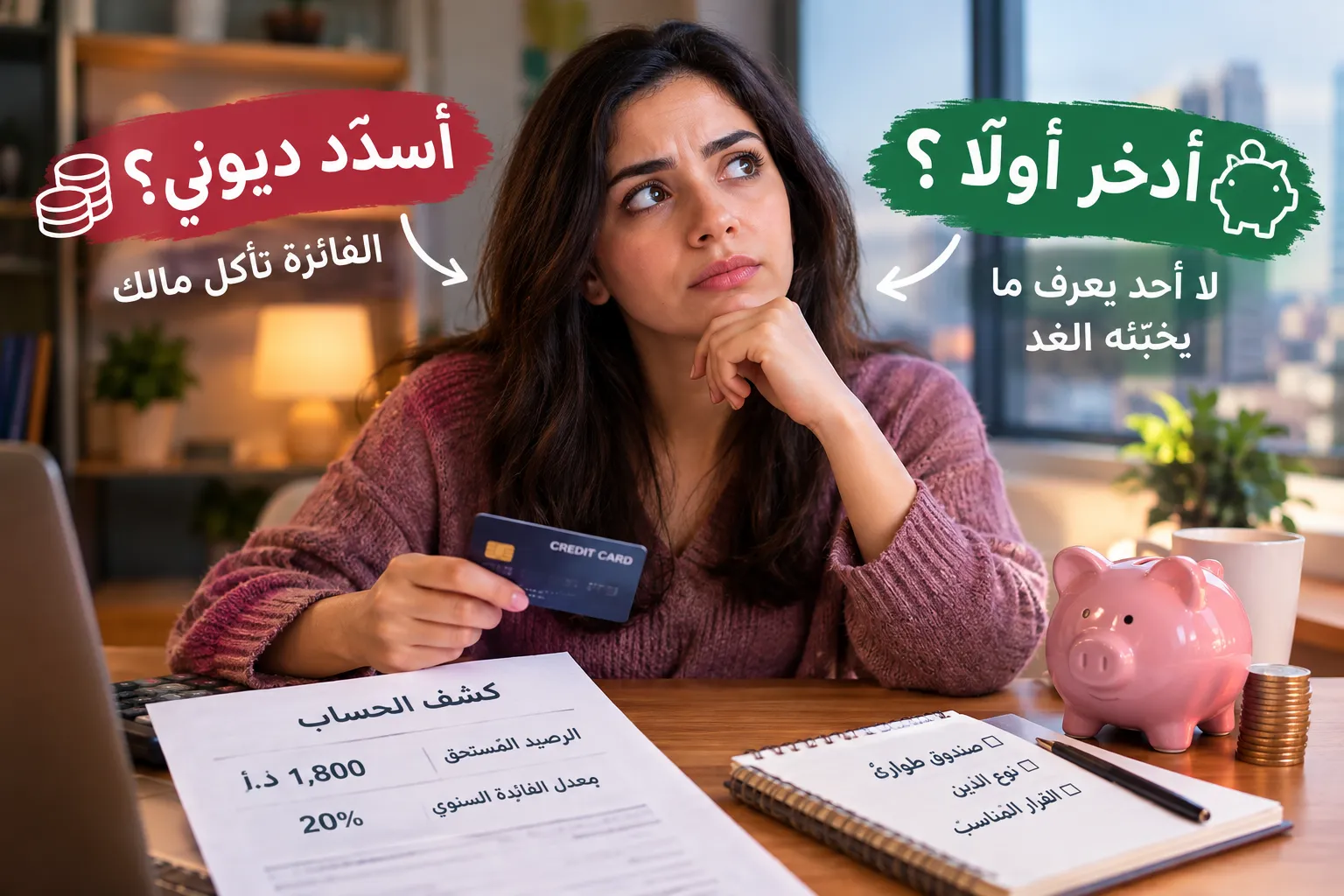 امرأة تفكر في سداد الديون أو الادخار، مع بطاقة ائتمانية ودفتر حسابات وحصالة نقود، في توضيح لمقارنة سداد الدين وبناء صندوق الطوارئ.