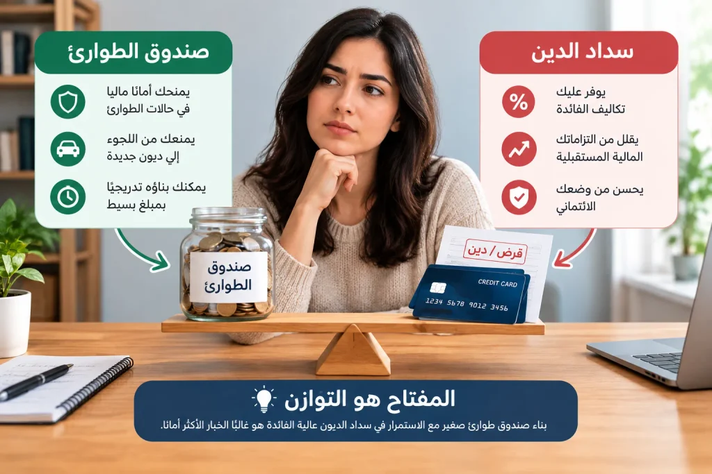 مقارنة بين بناء صندوق الطوارئ وسداد الديون وتوضيح أهمية التوازن المالي