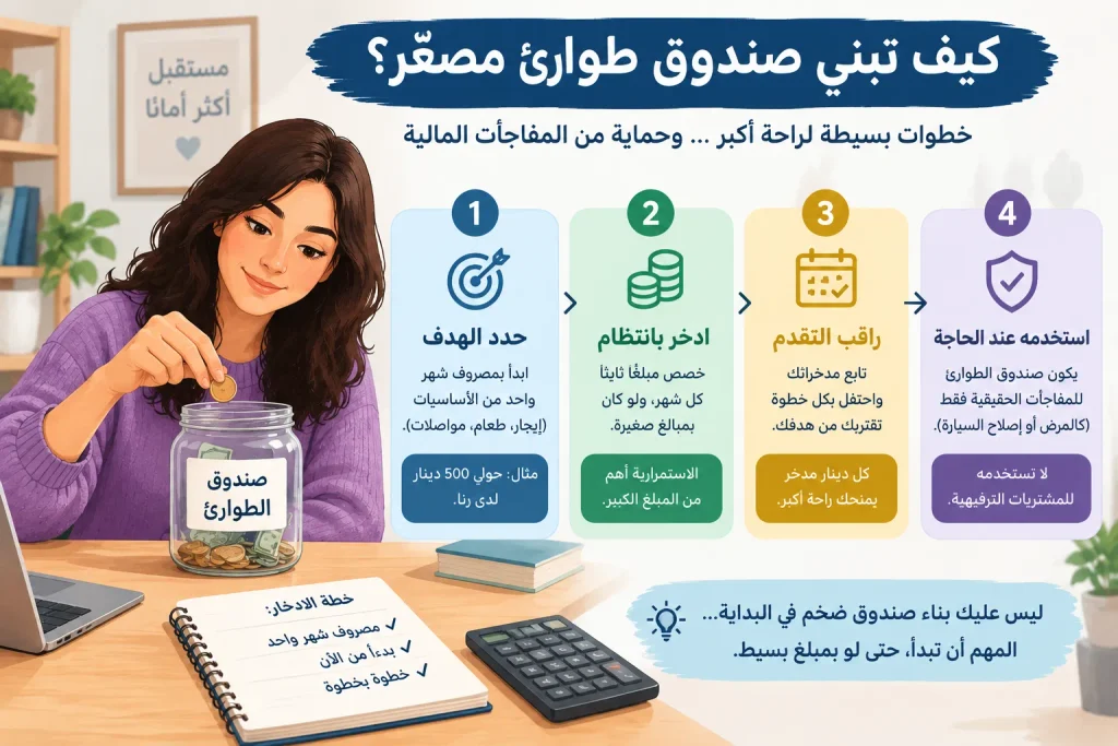 رسم توضيحي يشرح بناء صندوق طوارئ مصغّر عبر تحديد الهدف والادخار بانتظام ومتابعة التقدم واستخدام الصندوق للمفاجآت المالية الحقيقية.