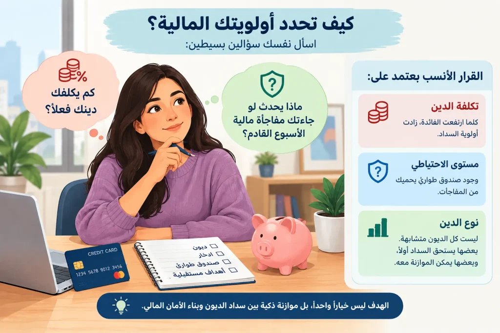 رسم توضيحي يشرح كيفية تحديد الأولوية بين سداد الديون والادخار بناءً على تكلفة الدين وصندوق الطوارئ ونوع الدين.