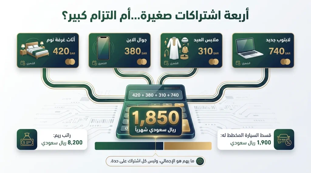 مثال ريم لأربعة اشتراكات تمارا بإجمالي 1850 ريال شهريًا وتأثيرها على طلب التمويل
